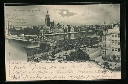 AK Frankfurt a. M., Ortsansicht mit Flusspartie und Brücke bei Mondschein