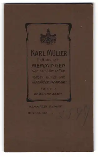 Fotografie Karl Müller, Memmingen, vor dem Ulmer Tor, Wappen mit Krone in Umrandung