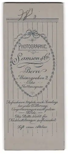Fotografie Samson & Cie., Bern, Münzgraben 2, florale Verzierung um die Anschrift des Fotografen