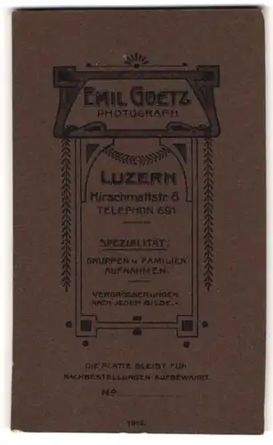 Fotografie Emil Goetze, Luzern, Hirschmattstr. 8, Anschrift des Fotografen im Rahmen
