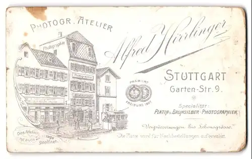 Fotografie Alfred Hirrlinger, Stuttgart, Garten-Str. 9, Ansicht Stuttgart, Strassenbahn vor dem Ateliers Gebäude