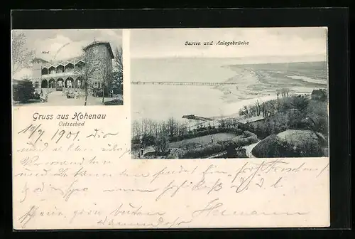 AK Hohenau, Hotel, Garten und Anlegebrücke