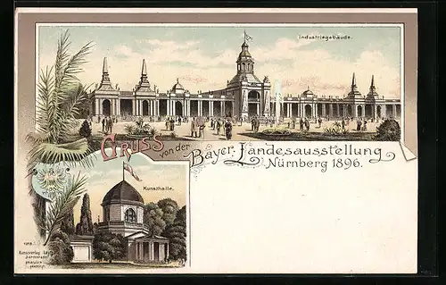 Lithographie Nürnberg, Bayer. Landesausstellung 1896, Industriegebäude, Kunsthalle