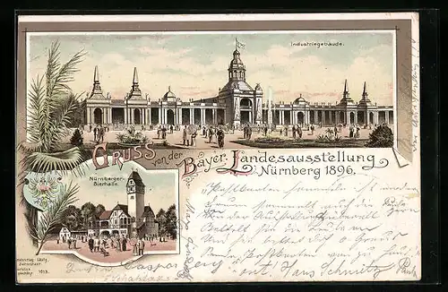 Lithographie Nürnberg, Bayer. Landesausstellung 1896, Industriegebäude, Bierhalle