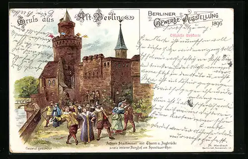 Lithographie Berlin, Gewerbe-Ausstellung 1896, Stadtmauer mit Turm und Zugbrücke