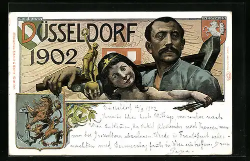 Lithographie Düsseldorf, Industrie- und Gewerbe-Ausstellung 1902, Arbeiter und Malerin