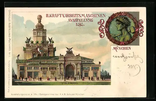 Lithographie München, II. Kraft-u. Arbeitsmaschinen-Ausstellung 1898, Südlicher Eingang