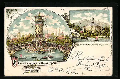 Lithographie Berlin, Gewerbe-Ausstellung 1896, Hauptrestaurant mit Wasserturm & Schweinwerfer, Alpenfahrt