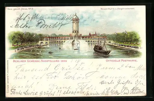 Lithographie Berlin, Berliner Gewerbe Ausstellung 1896, Wasserthurm u. Hauptrestaurant