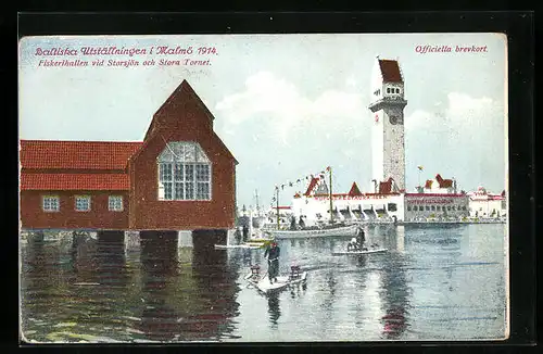 AK Malmö, Baltiska Utställningen 1914, Fiskerihallen vid Storsjön