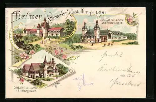 Lithographie Berlin, Gewerbe-Ausstellung 1896, Pavillon der Stadt Berlin, Gebäude f. Photographie & Chemie
