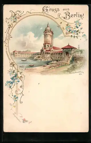 Lithographie Berlin, Gewerbe-Ausstellung 1896, Restaurant und Aussichtsturm