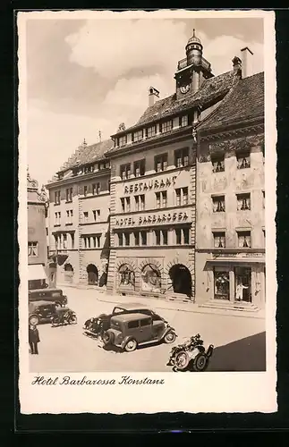 AK Konstanz, Restaurant & Hotel Barbarossa mit Strassenpartie