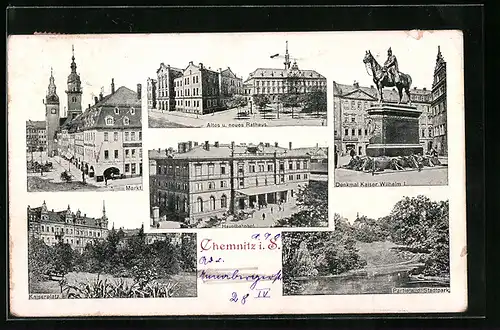 AK Chemnitz i. S., Hauptbahnhof, Altes u. neues Rathaus, Markt, Kaiserplatz