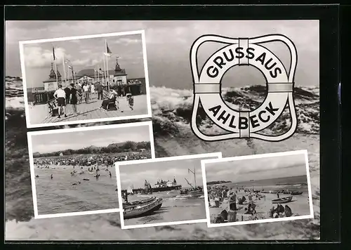 AK Ahlbeck, DDR-Urlaubskarte, Seebrücke mit Strandpartien