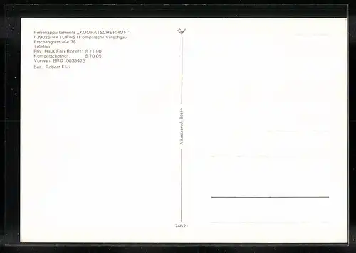 AK Naturns, Ferienappartements Kompatscherhof mit Gartenterrasse in der Etschangerstrasse