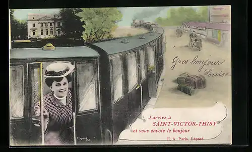AK Saint-Victor-Thisy, Dame im Eisenbahnzug