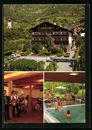 AK Naturns, Hotel Lindenhof mit Musikanten und Schwimmbad
