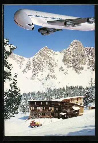 AK St. Vigil, Rifugio Fanes-Hütte im Schnee, Flugzeug blickt zur Hütte