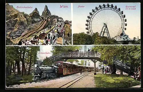 AK Wien, Hochschaubahn, Kleinbahn und Riesenrad im Prater