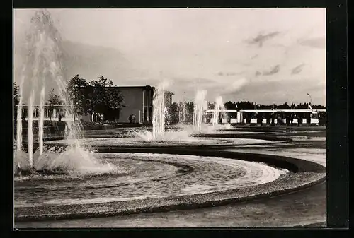 AK Erfurt, 1. Internationale Gartenbauausstellung der sozialistischen Staaten 1961, Ausstellungsgebäude mit Brunnen