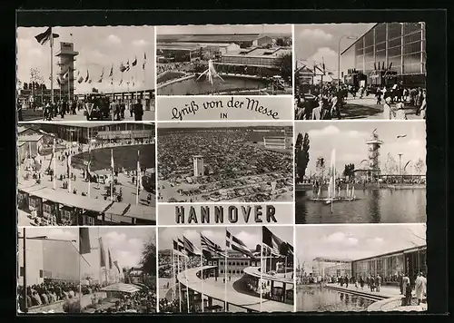 AK Hannover, Messe, Messehalle, Parkplatz, Turm und Fontäne