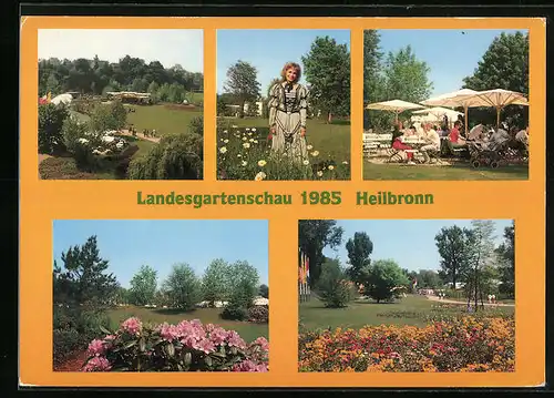 AK Heilbronn, Landesgartenschau 1985, Gartenwirtschaft auf dem Ausstellungsgelände, Frau mit Gänseblumen, Parkpartie