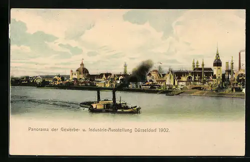 AK Düsseldorf, Gewerbe- und Industrie-Ausstellung 1902 - Panorama mit Rheindampfer