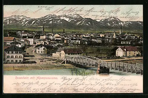 AK Rosenheim, Teilansicht und Alpenpanorama mit Wildalpjoch, Miesing und Wendelstein
