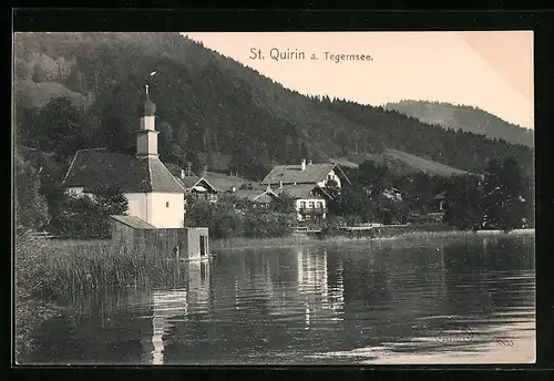 AK St. Quirin a. Tegernsee, Uferpartie mit Kirche