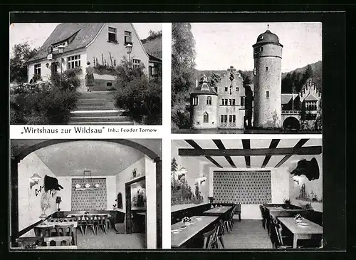 AK Mespelbrunn /Spessart, Gasthaus zur Wildsau, Innenansicht und Burganlage