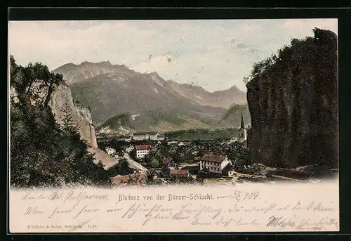 AK Bludenz, Teilansicht mit Kirche von der Bürser-Schlucht