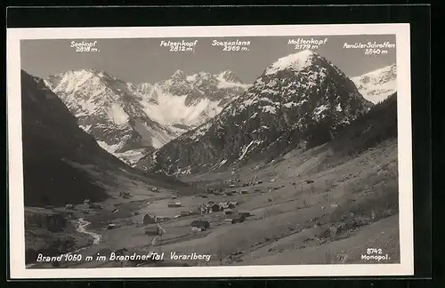 AK Brand im Brandner Tal, Teilansicht mit Seekopf, Felsenkopf und Scesaplana