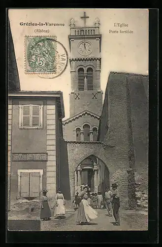 AK Grézieu-la-Varenne, L`Église, Porte fortifiée