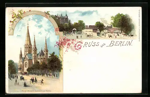 Lithographie Berlin, Kaiser Wilhelm-Gedächtnis-Kirche, Partie an einer Eisenbahnbrücke