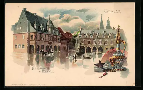 Künstler-AK Goslar, Kaiserworth und Rathaus