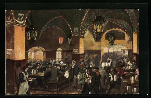 AK München, Königliches Hofbräuhaus, Parterre-Bierhallen, Innenansicht