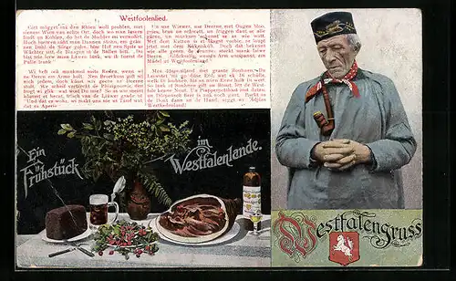 AK Ein Frühstück im Westfalenlande, Älterer Mann mit Tabakpfeife