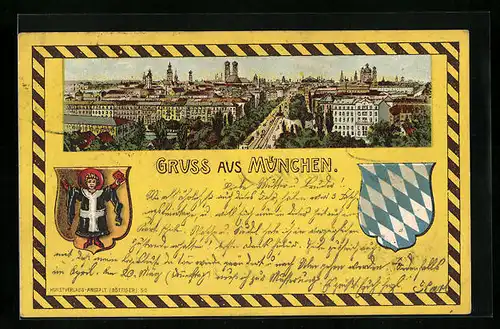 Lithographie München, Teilansicht mit Strassenpartie, Münchner Kindl auf Wappen