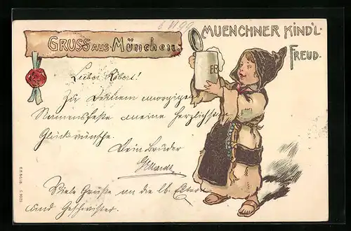 Lithographie München, Münchner Kindl mit Bierkrug