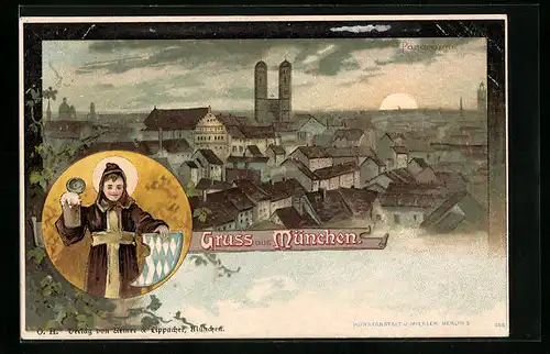 Lithographie München, Panorama am Abend, Münchner Kindl mit Bierkrug