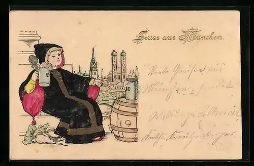 Präge-Lithographie München, Münchner Kindl mit Bierkrug, Im Hintergrund Frauenkirche