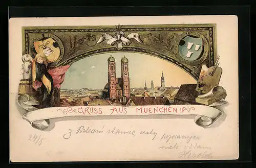 Lithographie München, Frauenkirche und Münchner Kindl mit Bierkrug