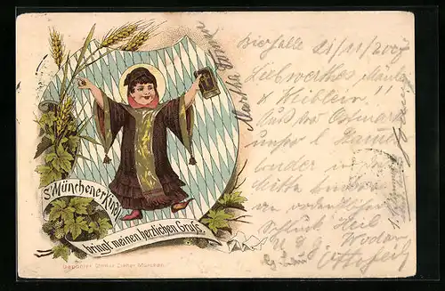 Vorläufer-Lithographie München, 1894, Münchner Kindl mit Bibel und Ähren