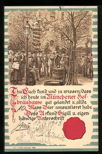 Lithographie Diplom Münchner Hofbräuhaus mit Siegel