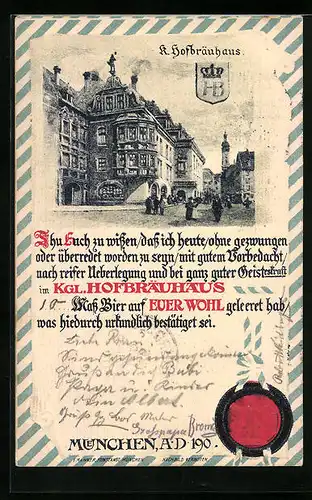 Präge-AK Münchner Hofbräuhaus, Urkunde mit Siegel, 10 Mass Bier
