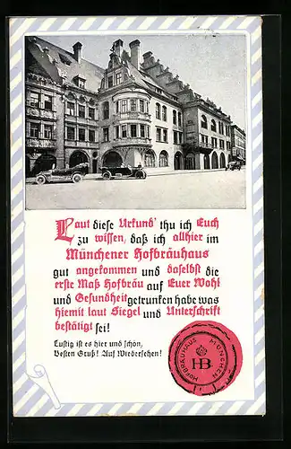 AK Münchner Hofbräuhaus, Urkunde mit Siegel