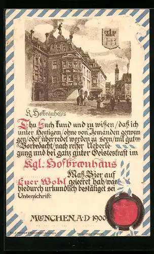 Präge-AK Münchner Hofbräuhaus, Urkunde mit Siegel