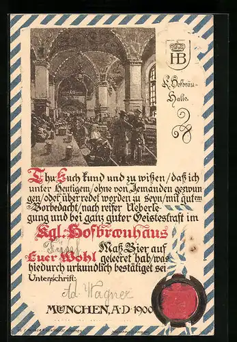 Präge-AK Münchner Hofbräuhaus, Urkunde mit Siegel, 5 Mass Bier