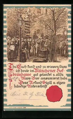 Präge-Lithographie Münchner Hofbräuhaus, Urkunde mit Siegel, 10 Mass Bier